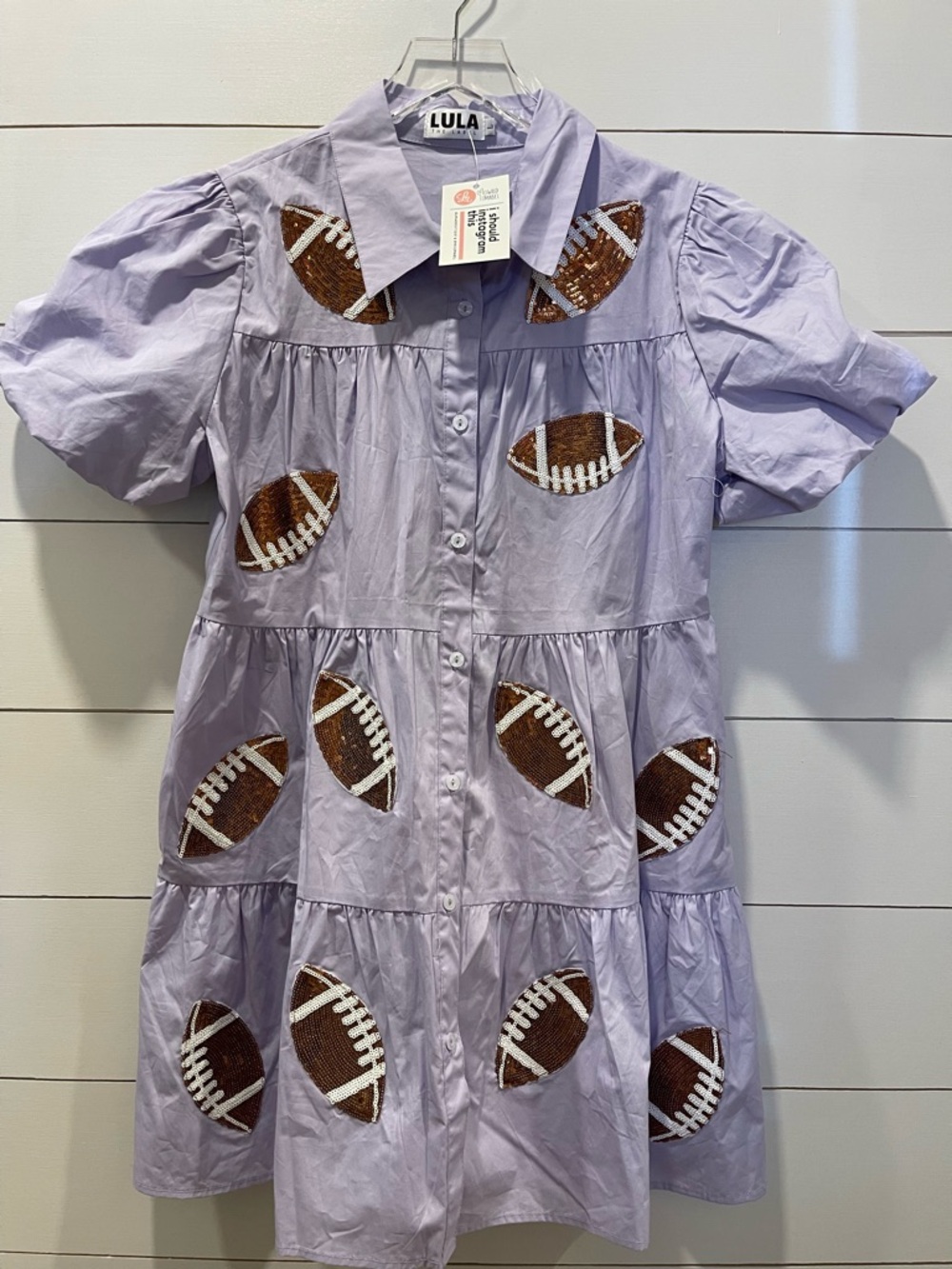 LULA Lavender Button-Front Dress with Sequin Footballs